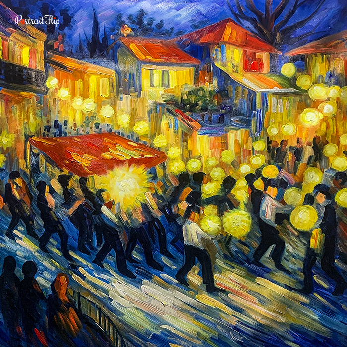 Impasto painting of a festive night procession